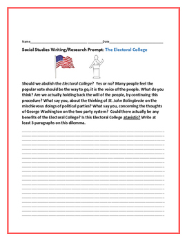 Preview of SOCIAL STUDIES WRITING/ RESEARCH PROMPT: THE ELECTORAL COLLEGE