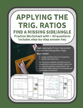 Preview of SOHCAHTOA Applying the Primary Trig. Ratios Practice Problems Worksheet + Key
