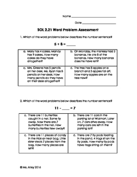 Preview of SOL 2.21 Assessment & Study Guide (Word Problems & Missing Parts)