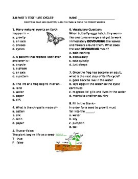 SOL 3.8 Part 1 Test Life Cycle of Plant, Butterfly & Frog by Ms Martins