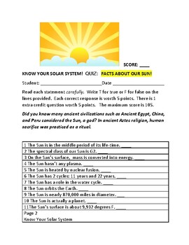 Preview of SOLAR SYSTEM: QUIZ: FACTS ABOUT OUR SUN: GRS. 5-9/ MG