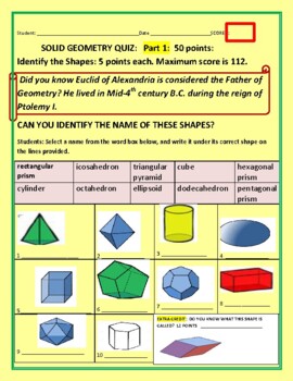 Preview of SOLID GEOMETRY QUIZ/ ESSAY: STUDENTS IDENTIFY SHAPES/ MATH ESSAY