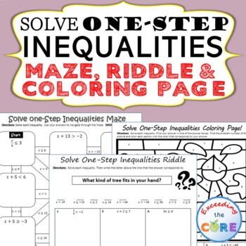 Preview of SOLVE ONE-STEP INEQUALITIES Maze, Riddle, Coloring Page Math Activities