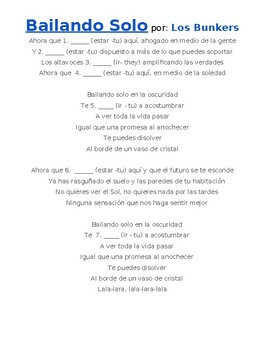 Preview of SONG Bailando Solo Los Bunkers Estar/Ir presente Student Worksheet & Answers