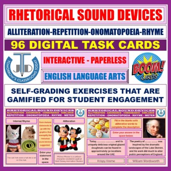 Preview of SOUND DEVICES - ALLITERATION, ONOMATOPOEIA, REPETITION, RHYME, METER: BOOM CARDS