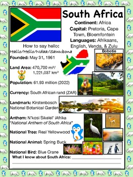 Preview of SOUTH AFRICA History & Geography, Travel The World Worksheet