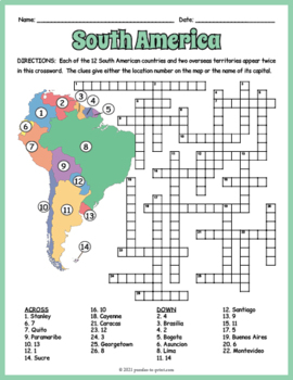 SOUTH AMERICA GEOGRAPHY Crossword Puzzle Map Worksheet Activity