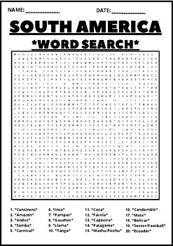 Preview of SOUTH AMERICA WORD SEARCH Puzzle Middle School Fun Activity Vocabulary Worksheet