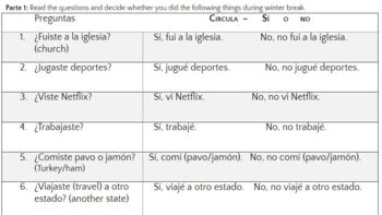 Preview of Spanish 1/2 Interview questions after a holiday (past tense) PDF (Easel)