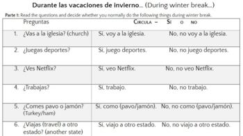 Preview of Spanish 1/2 Interview questions after a holiday (present tense) PDF (Easel)