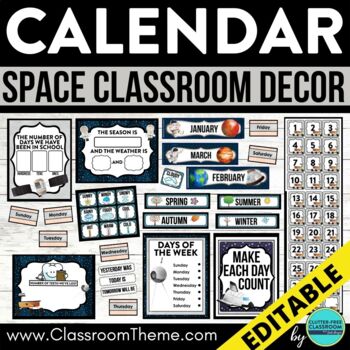 Preview of SPACE Theme CLASSROOM CALENDAR SET numbers cards math bulletin board editable