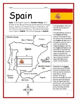 Preview of SPAIN Introductory Geography Printable Worksheet with map and flag