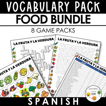 Preview of SPANISH GAMES - FOOD UNIT Vocabulary Game Pack - Word Search, Crossword & Bingo