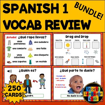 Preview of SPANISH 1 REVIEW BOOM CARDS BUNDLE ⭐ Spanish 1 Sub Plans Final Exam Vocab Review