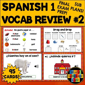 Preview of SPANISH 1 REVIEW BOOM CARDS ⭐ Part 2 ⭐ Spanish 1 Vocabulary Final Exam Review
