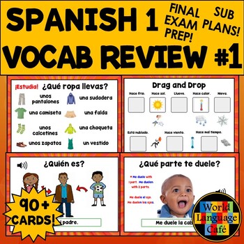 Preview of SPANISH 1 REVIEW BOOM CARDS ⭐ Part 1 ⭐ Spanish 1 Vocabulary Final Exam Review