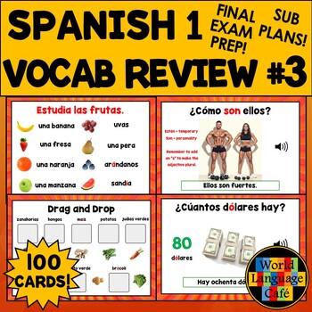 Preview of SPANISH 1 REVIEW BOOM CARDS ⭐ Part 3 ⭐ Spanish 1 Vocabulary Final Exam Review