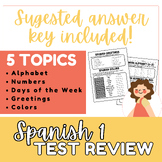 SPANISH 1 Quiz Review (Alphabet, Numbers, Days, Greetings,