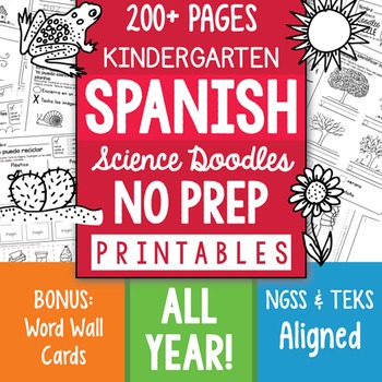 Preview of SPANISH 200+ Page NO PREP Kindergarten Printables SPANISH Doodles