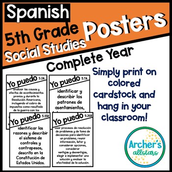 Preview of SPANISH 5th Grade SOCIAL STUDIES TEKS I Can Statements ENTIRE YEAR 2024-2025
