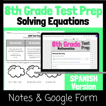 Preview of SPANISH 8th Grade Math Test Prep/ Review/ ACAP - Solving Equations