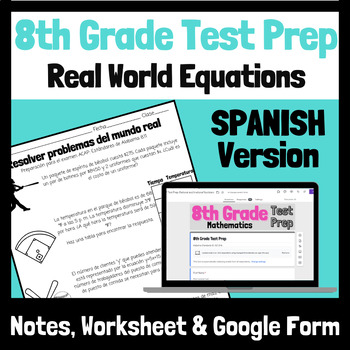 Preview of SPANISH 8th Grade Math Test Prep/ Review/ ACAP - Solving Real World Equations