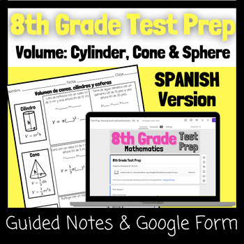 Preview of SPANISH 8th Grade Math Test Prep/ Review/ ACAP - Volume: Cylinder, Cone, Sphere