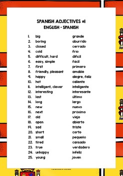 SPANISH ADJECTIVES LIST FREEBIE #1 by Lively Learning Classroom | TpT