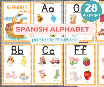 Preview of SPANISH ALPHABET book with 4 words per letter | Educational Printable flashcards