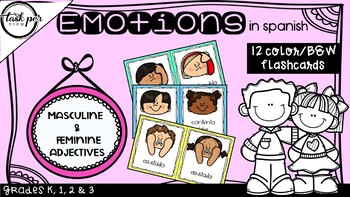 EMOTIONS in spanish Color/b&w FLASHCARDS 12 masculine/feminine