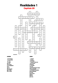 Spanish Crossword Realidades 1 Capitulo 2b By Resources4mfl Tpt