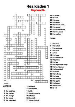 SPANISH - CROSSWORD - Realidades 1 Capítulo 3A by resources4mfl | TpT