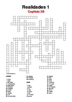 Spanish Crossword Realidades 1 Capitulo 3b By Resources4mfl Tpt