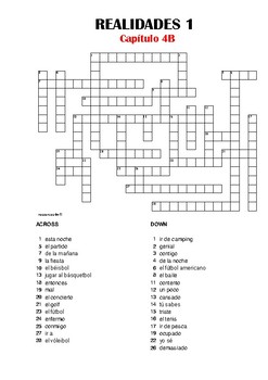 SPANISH - CROSSWORD - Realidades 1 Capítulo 4B by resources4mfl | TpT