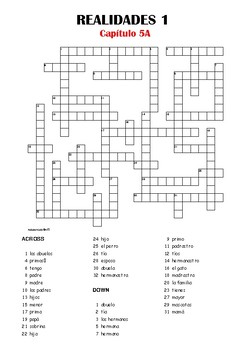 SPANISH - CROSSWORD - Realidades 1 Capítulo 5A by resources4mfl | TpT