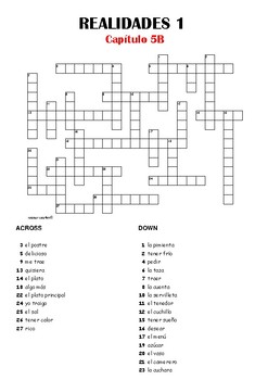 Spanish Crossword Realidades 1 Capitulo 5b By Resources4mfl Tpt