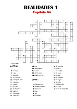 SPANISH - CROSSWORD - Realidades 1 Capítulo 6A by resources4mfl | TpT