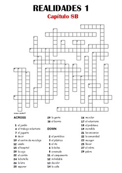 SPANISH - CROSSWORD - Realidades 1 Capítulo 8B by resources4mfl | TpT
