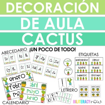 Preview of SPANISH Cactus Classroom Decor Set! Over 100 pages!