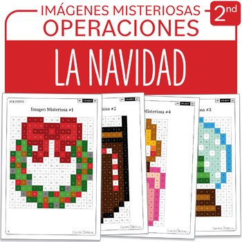 Preview of SPANISH Christmas Mystery Pictures Grade 2 La Navidad Sumas Restas 1-100