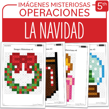 Preview of SPANISH Christmas Mystery Pictures Grade 5 Navidad Multiplication Division 1-40