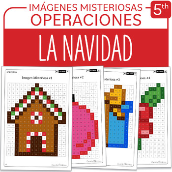 Preview of SPANISH Christmas Mystery Pictures Grade 5 Navidad Multiplication Division 1-40