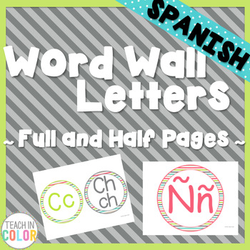 Preview of SPANISH Circle Word Wall Letters - Country Cool - Teal, Green, Coral, Gray, Tan