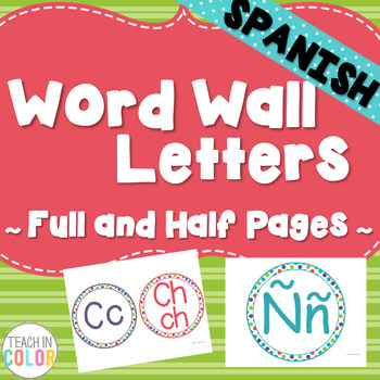 Preview of SPANISH Circle Word Wall Letters - Dots, Green, Purple, Teal, Red