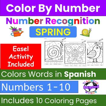 Preview of Spring Spanish Color by Number Recognition 1-10  COLOR WORDS in SPANISH
