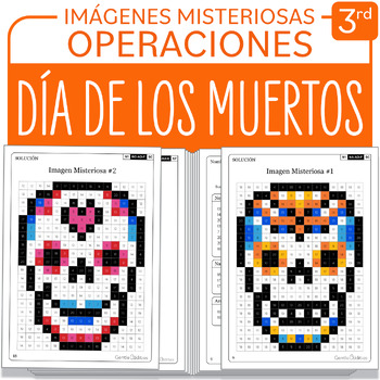 Preview of SPANISH Día de los Muertos Mystery Pictures Grade 3 Multiplicación División 1-9