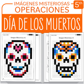 Preview of SPANISH Día de los Muertos Mystery Pictures Grade 5 Multiplicación División 1-40