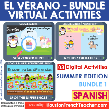 Preview of SPANISH Digital Virtual SUMMER El Verano Games | Google Slides Zoom - BUNDLE