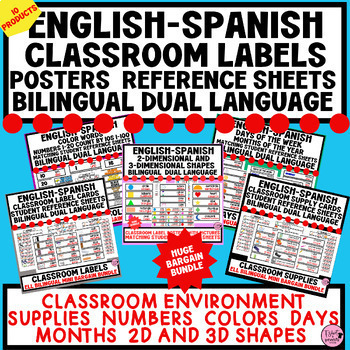 Preview of SPANISH-ENGLISH Classroom Labels with Pictures|Posters|Reference Sheets|ELL ESOL
