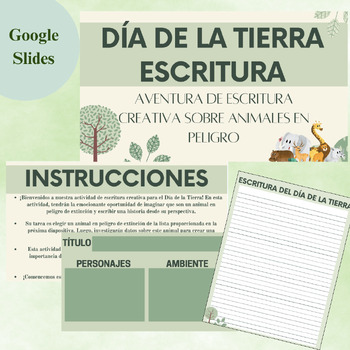 Preview of SPANISH: Earth Day/ Dia de la tierra Escritura Animales en Peligro Google Slides